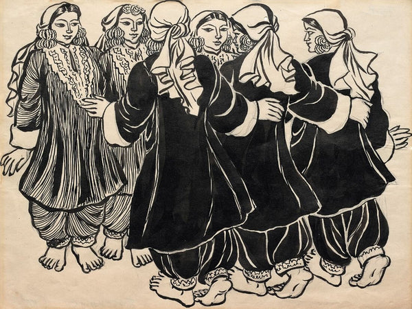 Women From Kashmir - Chittaprosad Bhattacharya - Bengal School Art - Indian Linocut Painting - Posters