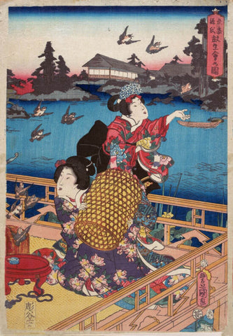 Women Releasing Birds - Utagawa Kunisada - Japanese Ukiyo-e Woodblock Print Art Edo Period Painting - Canvas Prints by Utagawa Kunisada