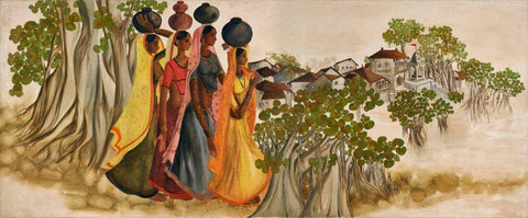 Women Returning Home With Water Pots - B Prabha - Indian Art Painting - Canvas Prints by B. Prabha