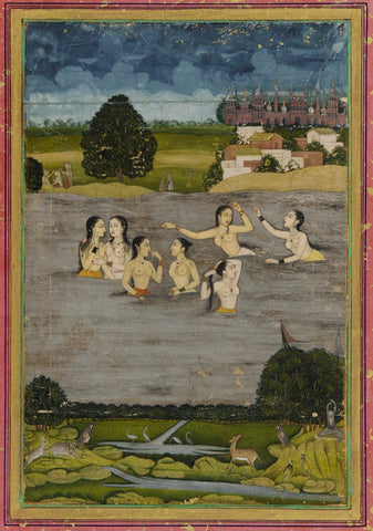 Indian Miniature Paintings - Mughal Paintings - Women Bathing in a Lake - Life Size Posters by Kritanta Vala