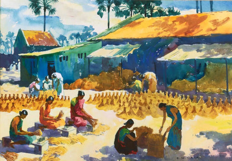 Workers Gathering Hay - Water Colour - Canvas Prints by Sayed Haider Raza