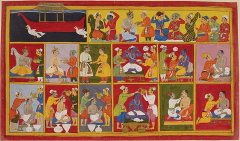Indian Miniature Paintings - Pahari Paintings - The Brothers Prepare For Ramas Coronation - Life Size Posters by Kritanta Vala