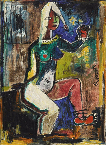 Girl With Flower by M F Husain