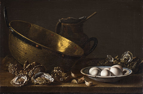 Still Life With Oysters, Garlic, Eggs, Pot And Bread - Large Art Prints by Luis Egidio Meléndez Naples