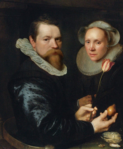 Double portrait with tulip, bulb, and shell - Michiel Jansz Van Mierevelt - Art Prints