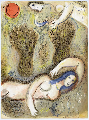 Boaz Wakes Up And Sees Ruth At His Feet - Large Art Prints by Marc Chagall