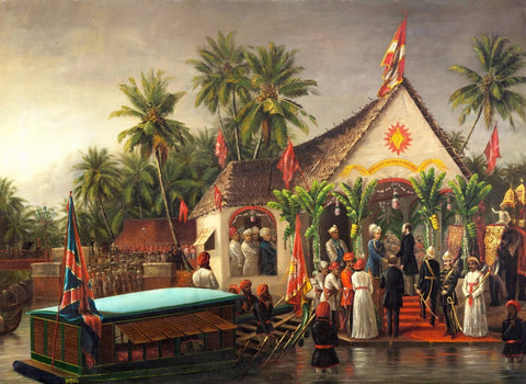 The Maharaja of Travancore welcoming Richard Temple-Grenville, Governor-General of Madras on his official visit to Trivandrum in 1880 - Canvas Prints by Raja Ravi Varma